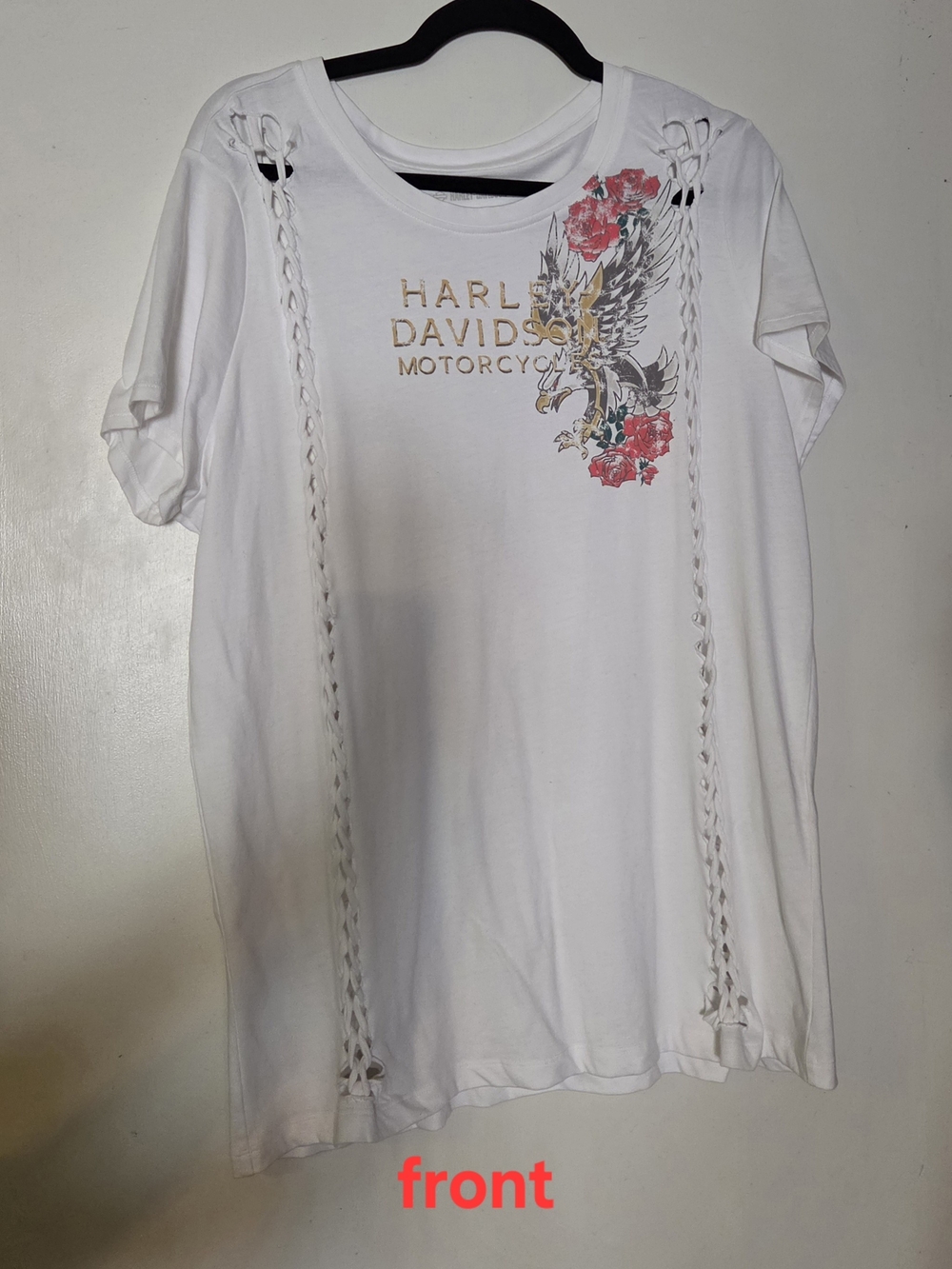 Harley-Davidson White Short Sleeve Eagle & Floral Unique Cut & Pull Graphic Tee